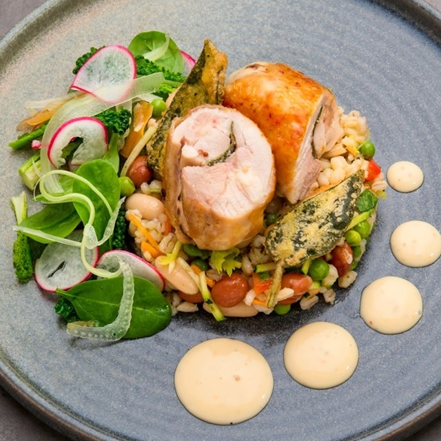 Rollatina di pollo su insalata di cereali e salsa Honey Mustard Rollatina di pollo su insalata di cereali e salsa Honey Mustard